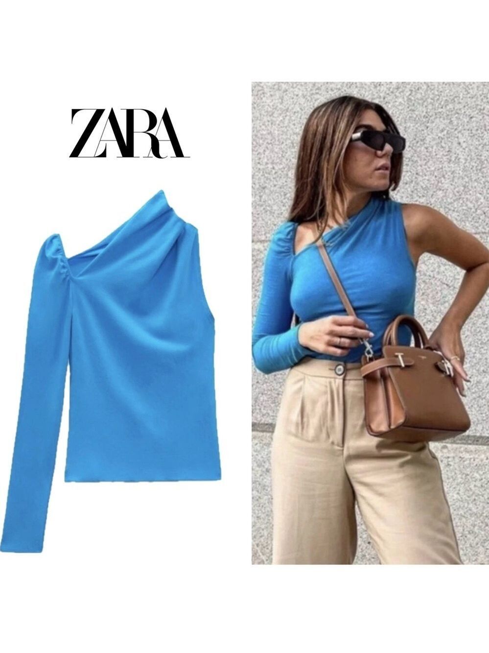 Zara blue asymmetrical long sleeve off the shoulder fitted shirt blouse top Sz S